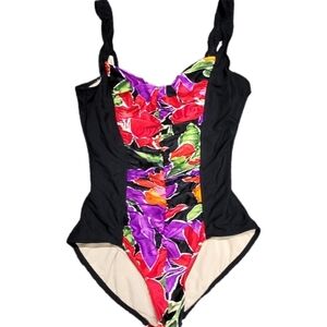 Carol Wior Black Pink Purple Floral Tank One Piece Swimsuit Vintage 1990s Sz 14